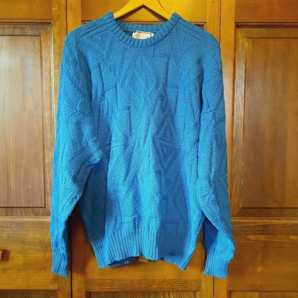 Vintage Alan Paine 80s/90s 100% Wool Teal Blue Geometric Knit Grandpa Sweater